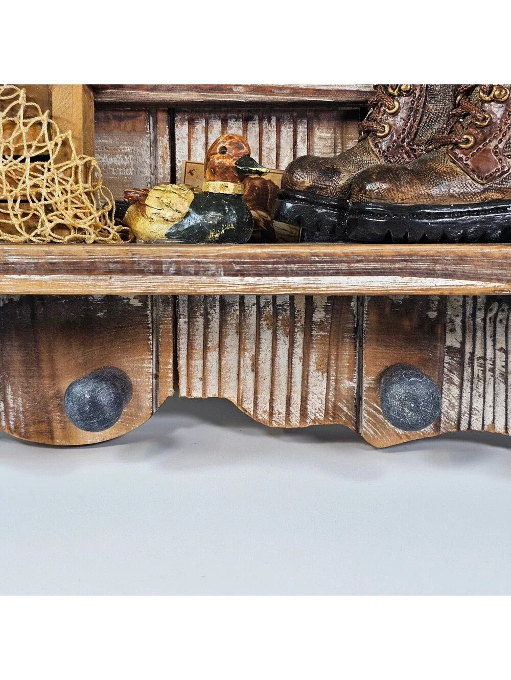 Rustic Hunting Fishing Wall Mirror Lodge Cabin Decor with Shelf and Hooks 19in